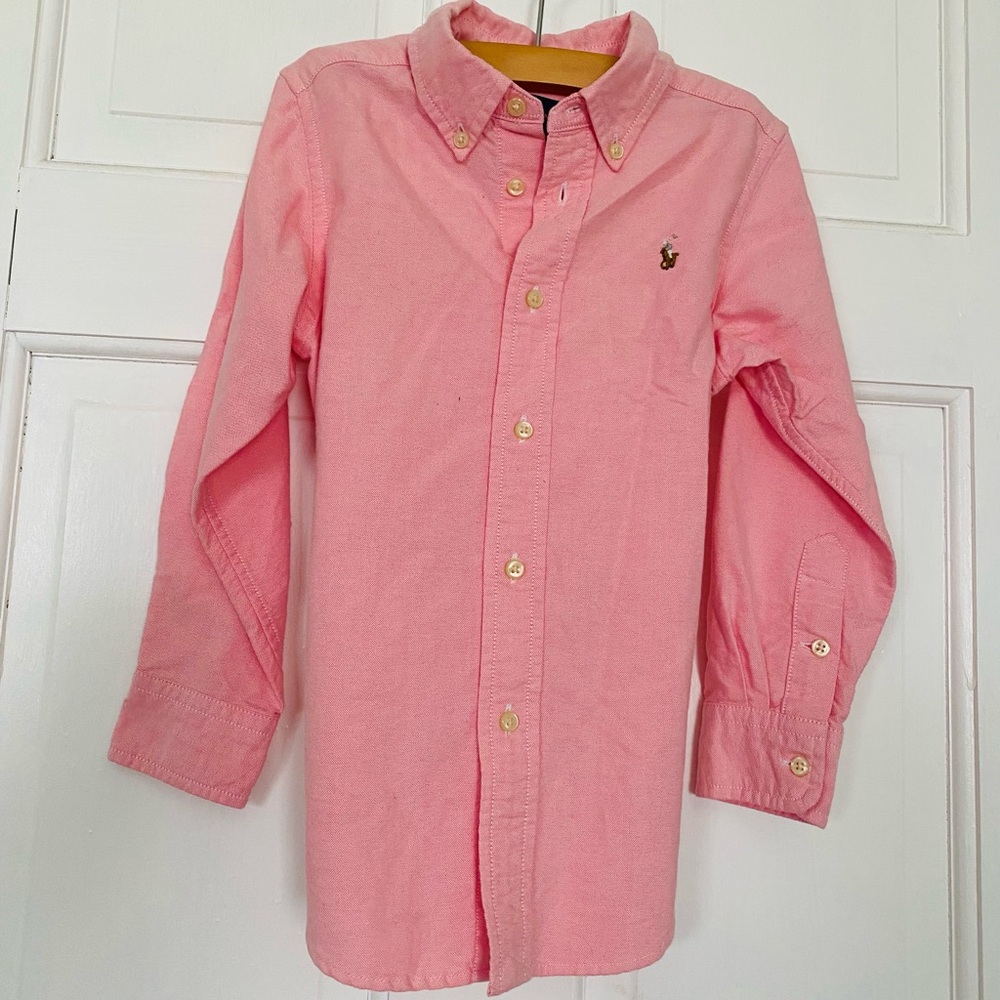 Boys size 7. Ralph Lauren long sleeve button down shirt. Pastel pink Easter